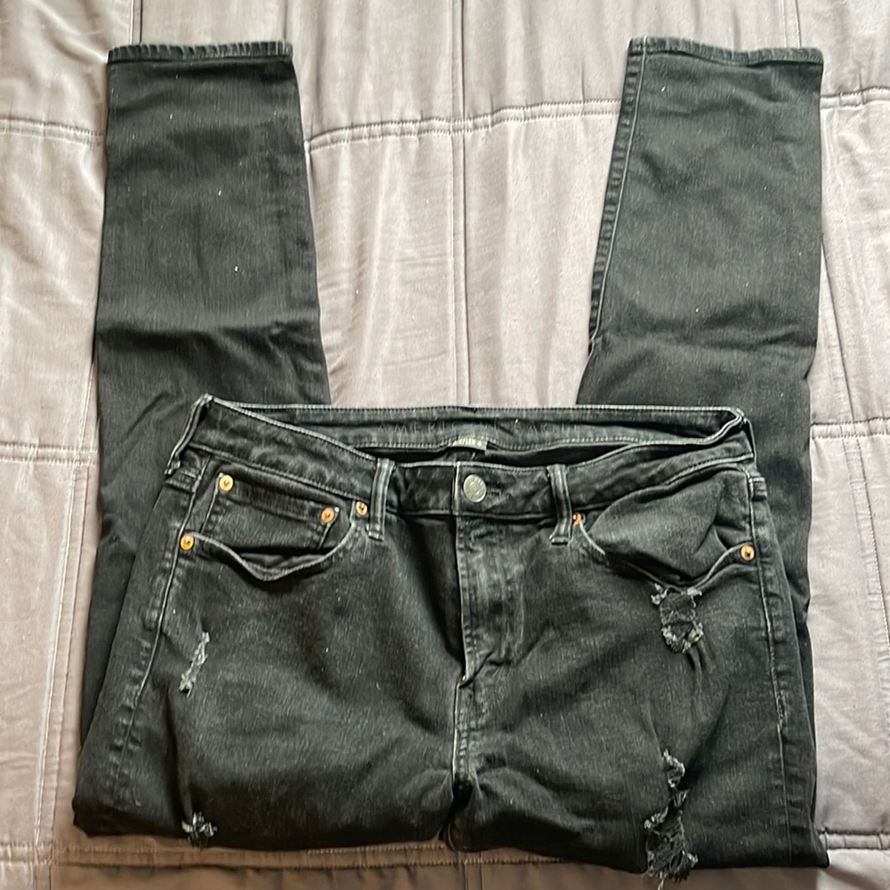 american eagle slim fit airflex black ripped jeans